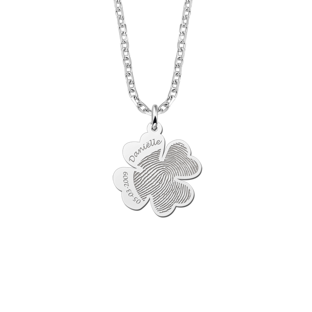 Names4ever zilveren collier tekst klaver vingerafdruk - Lengte 45-50 cm