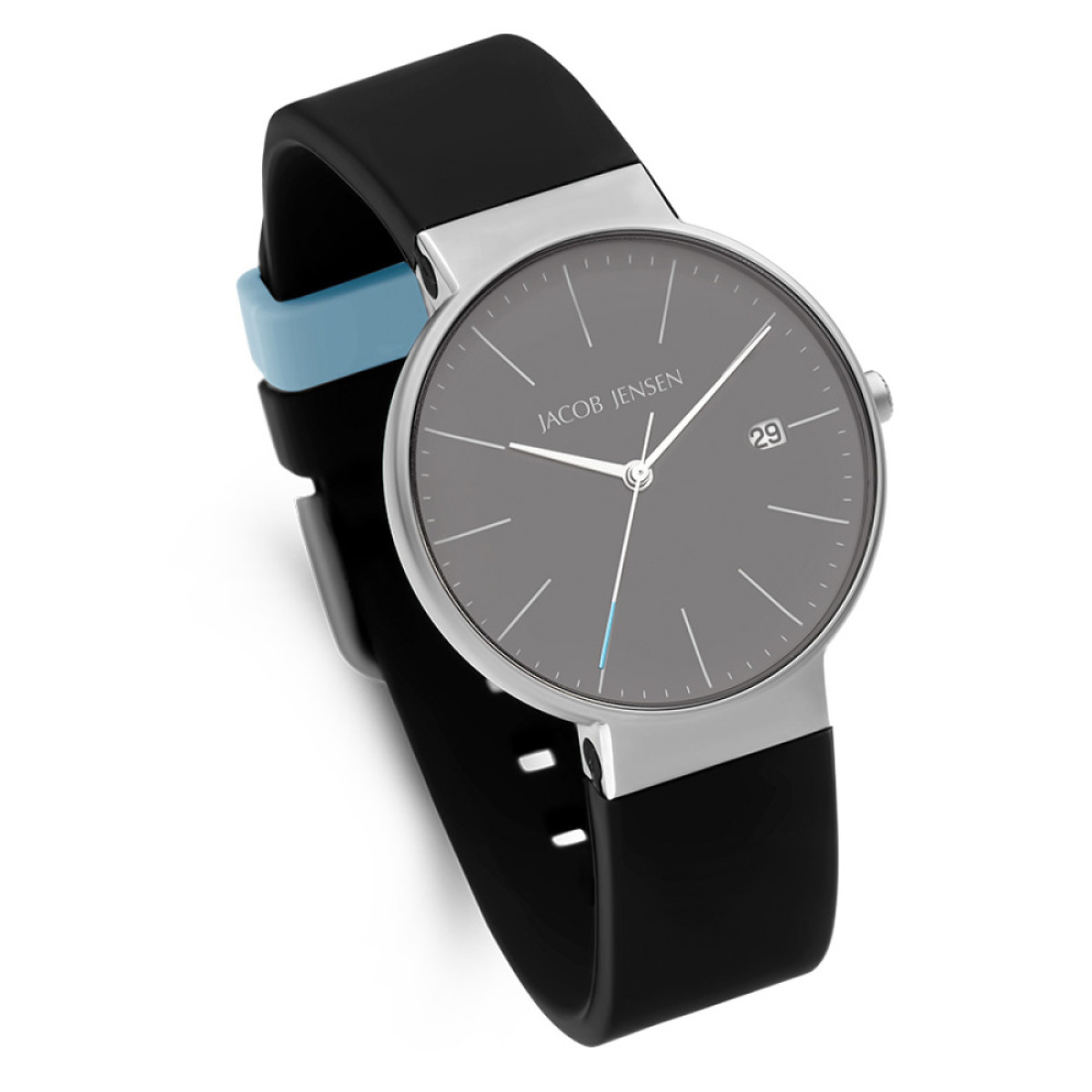 Jacob Jensen Timeless Nordic 182 herenhorloge van titanium met zwarte siliconen band. 37 mm