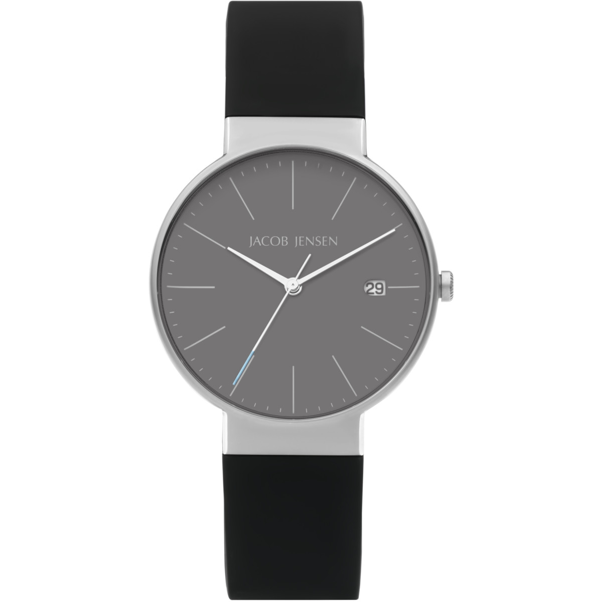 Jacob Jensen Timeless Nordic 182 herenhorloge van titanium met zwarte siliconen band. 37 mm