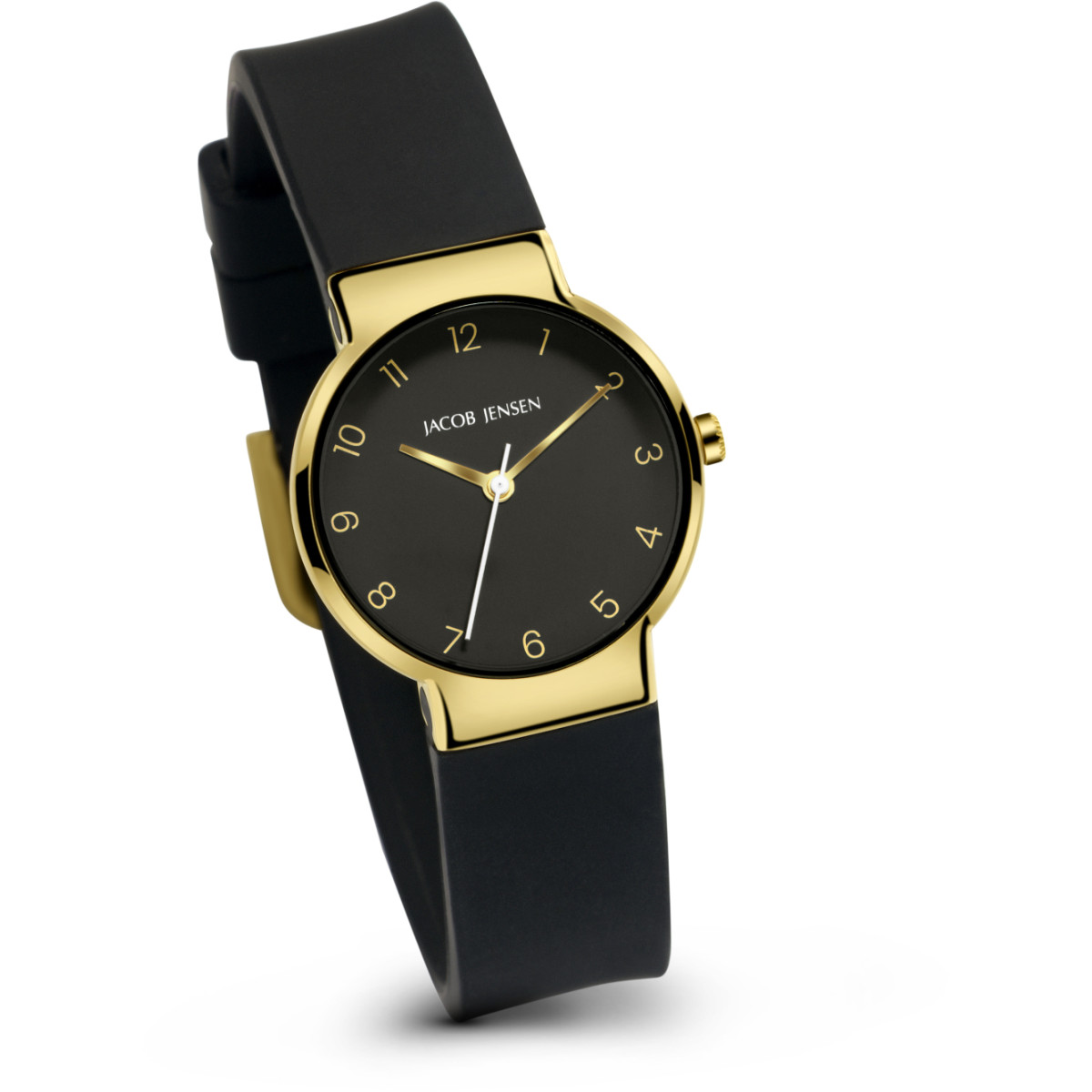 Jacob Jensen Nordic 195 dameshorloge van goudkleurig titanium en zwarte band - Ø 29 mm