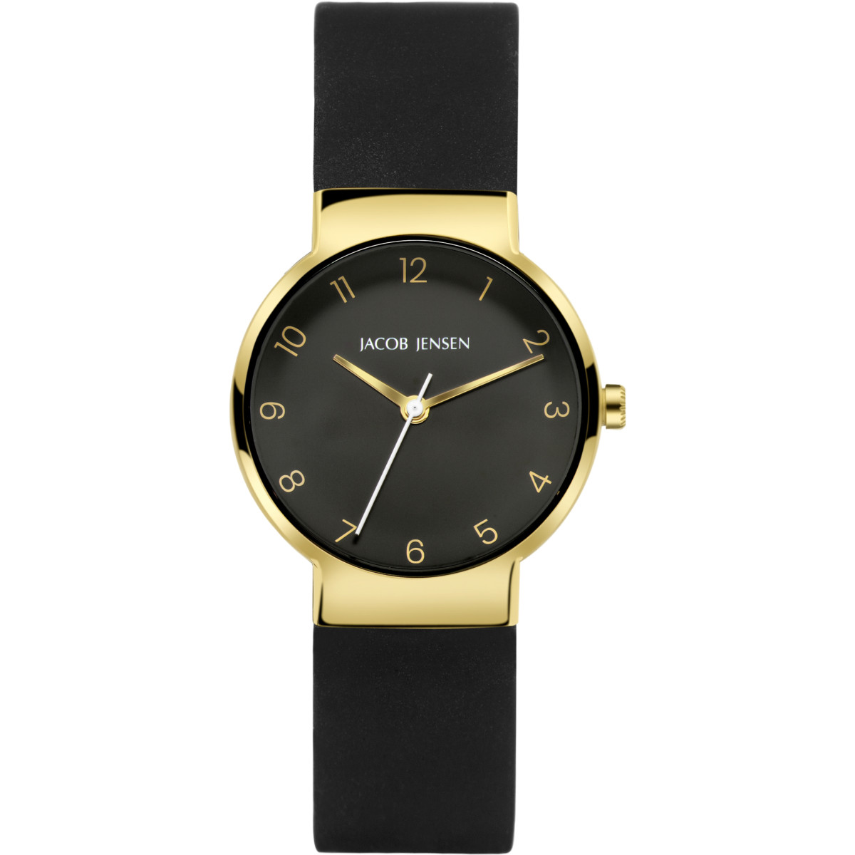Jacob Jensen Nordic 195 dameshorloge van goudkleurig titanium en zwarte band - Ø 29 mm