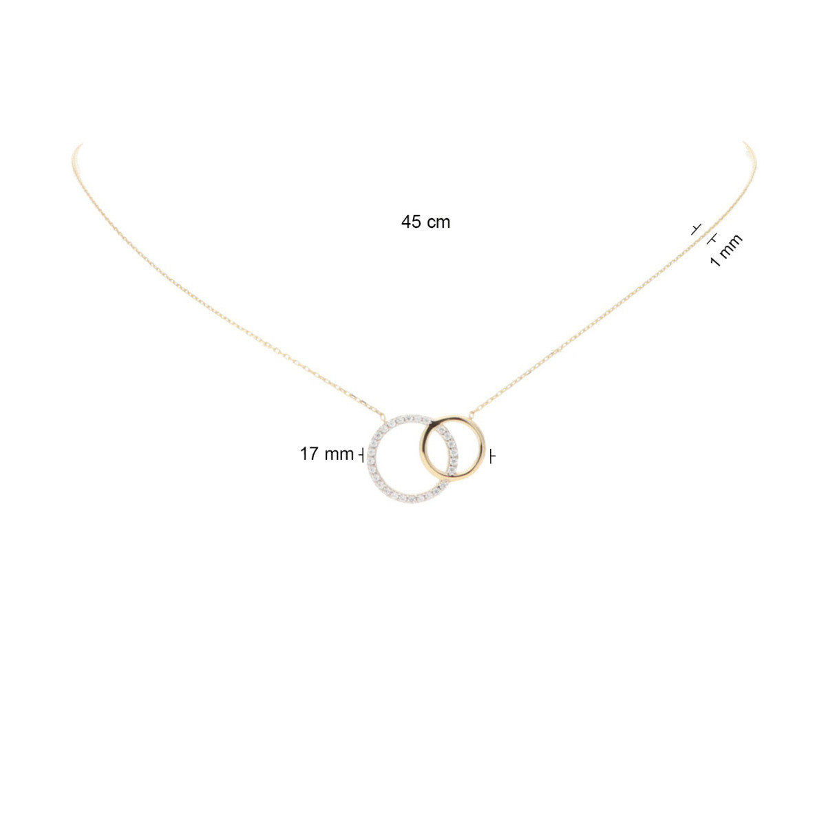 GLOW 202.0677.45 gouden ketting met hanger zirkonia in overlappende cirkels 1 mm breed - Lengte 45 cm