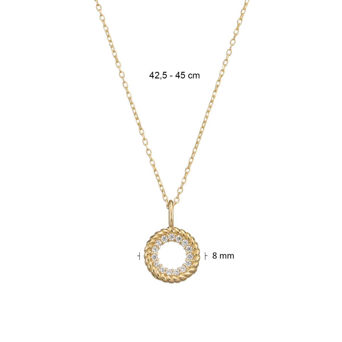 GLOW 202.1616.45 14-karaat gouden ketting met hanger ronde zirkonia hanger 8 mm - Lengte 42.5-45 cm