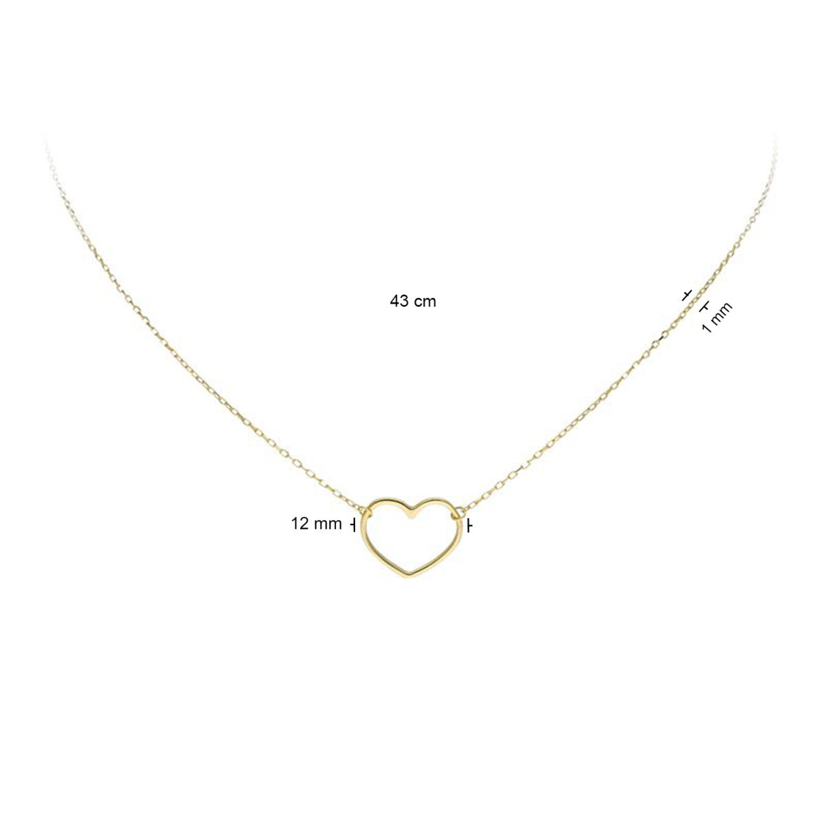 GLOW 202.2066.43 14-karaat gouden ketting met hanger hartje 12 mm breed - Lengte 43 cm