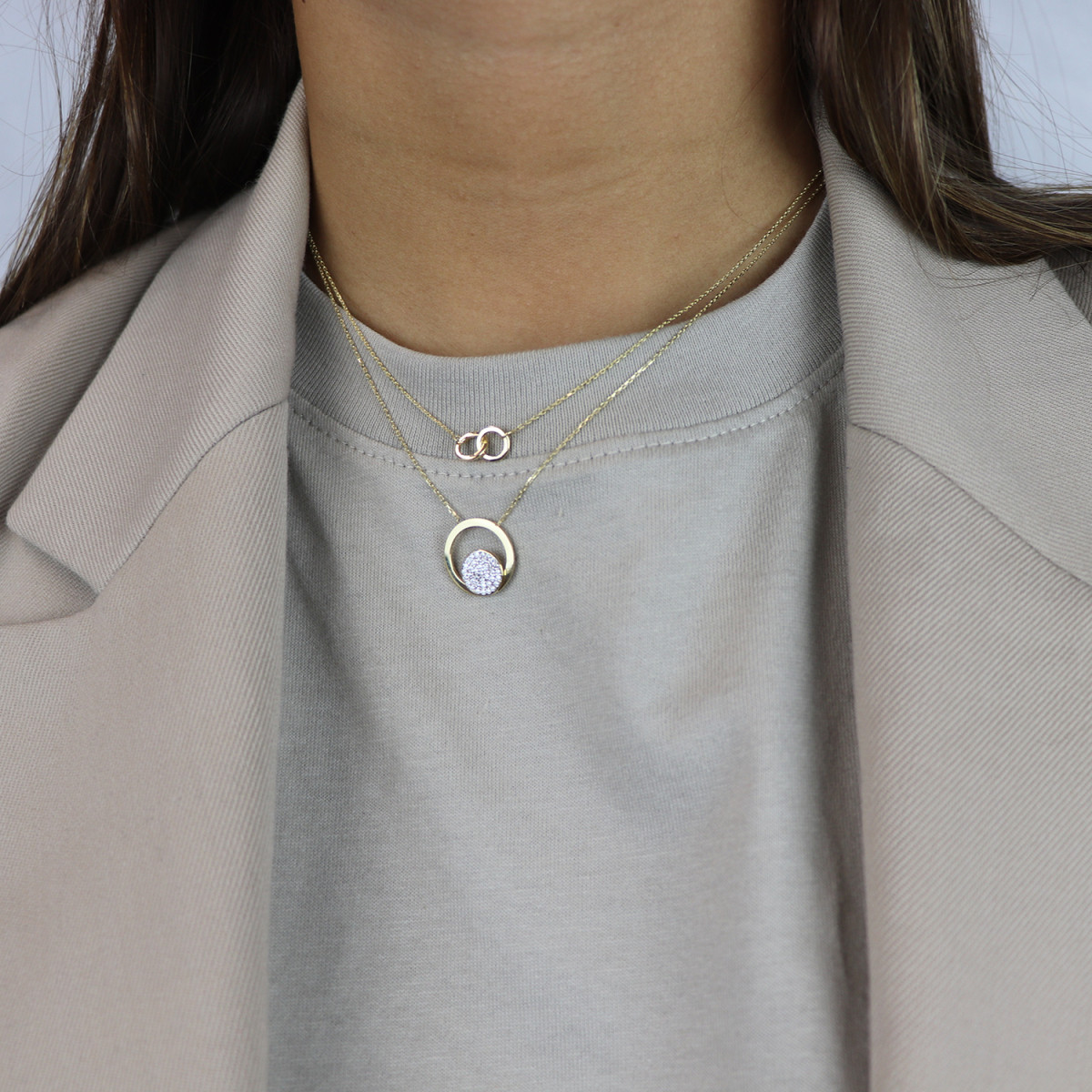 GLOW 202.2160.42 14-karaat gouden ketting met hanger dubbele ringen 1 mm breed - Lengte 42 cm