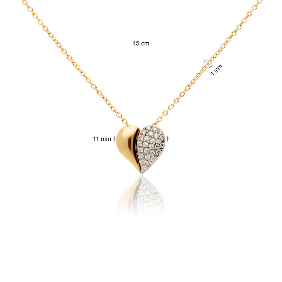 GLOW 202.5041.45 gouden ketting met hanger hartvormige zirkonia 11 mm breed - Lengte 45 cm