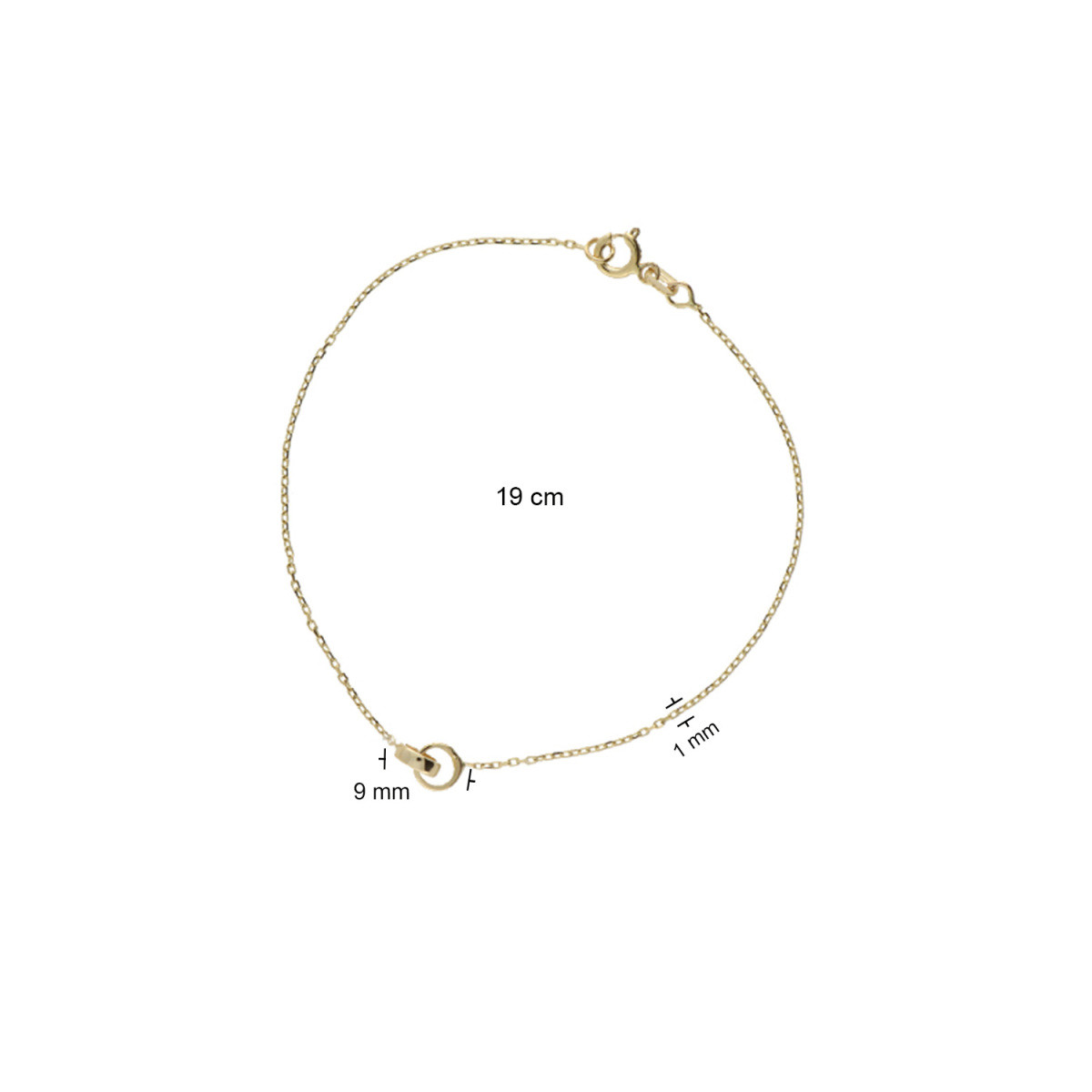 GLOW 204.2069.19 gouden armband met hanger dubbel cirkeltje 1 mm breed - Lengte 19 cm