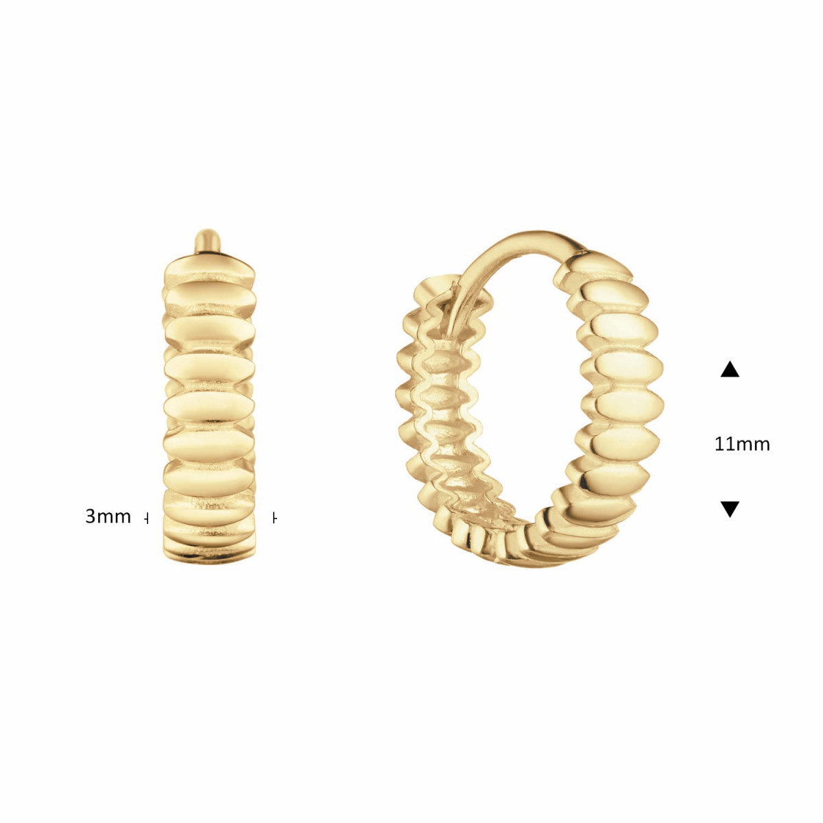 GLOW 206.0201.00 gouden klapoorringen met geribbeld patroon 3 mm breed - Diameter 11 mm