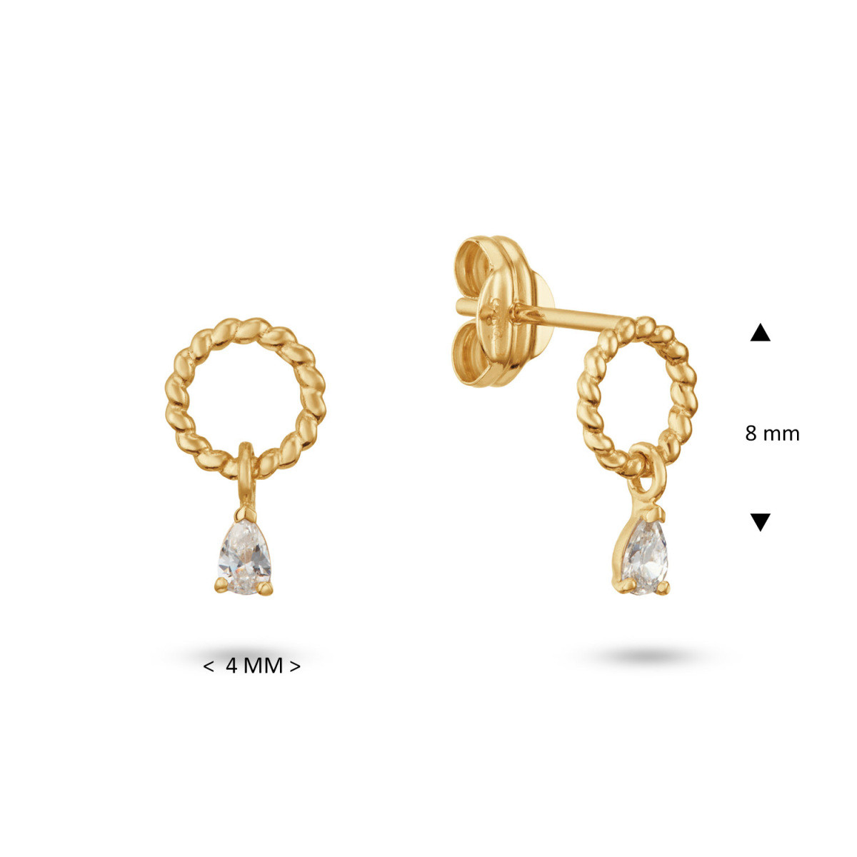GLOW 206.0310.00 gouden oorbellen met transparante zirkonia 4 mm breed - Hoogte 8 mm