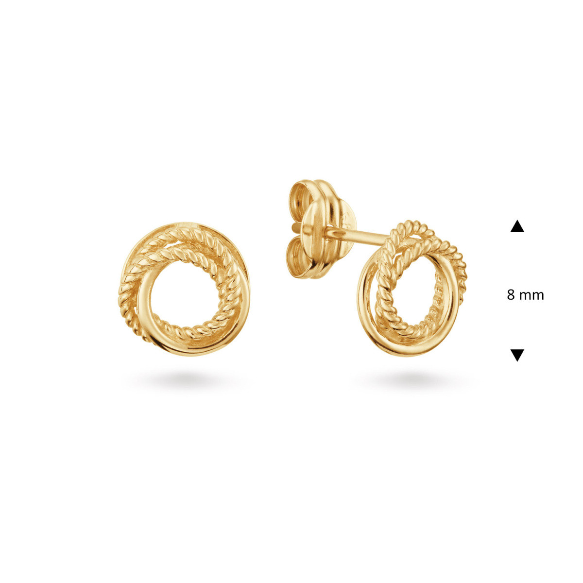 GLOW 206.0312.00 gouden oorknopjes met glanzende gevlochten cirkelvorm - Hoogte 8 mm