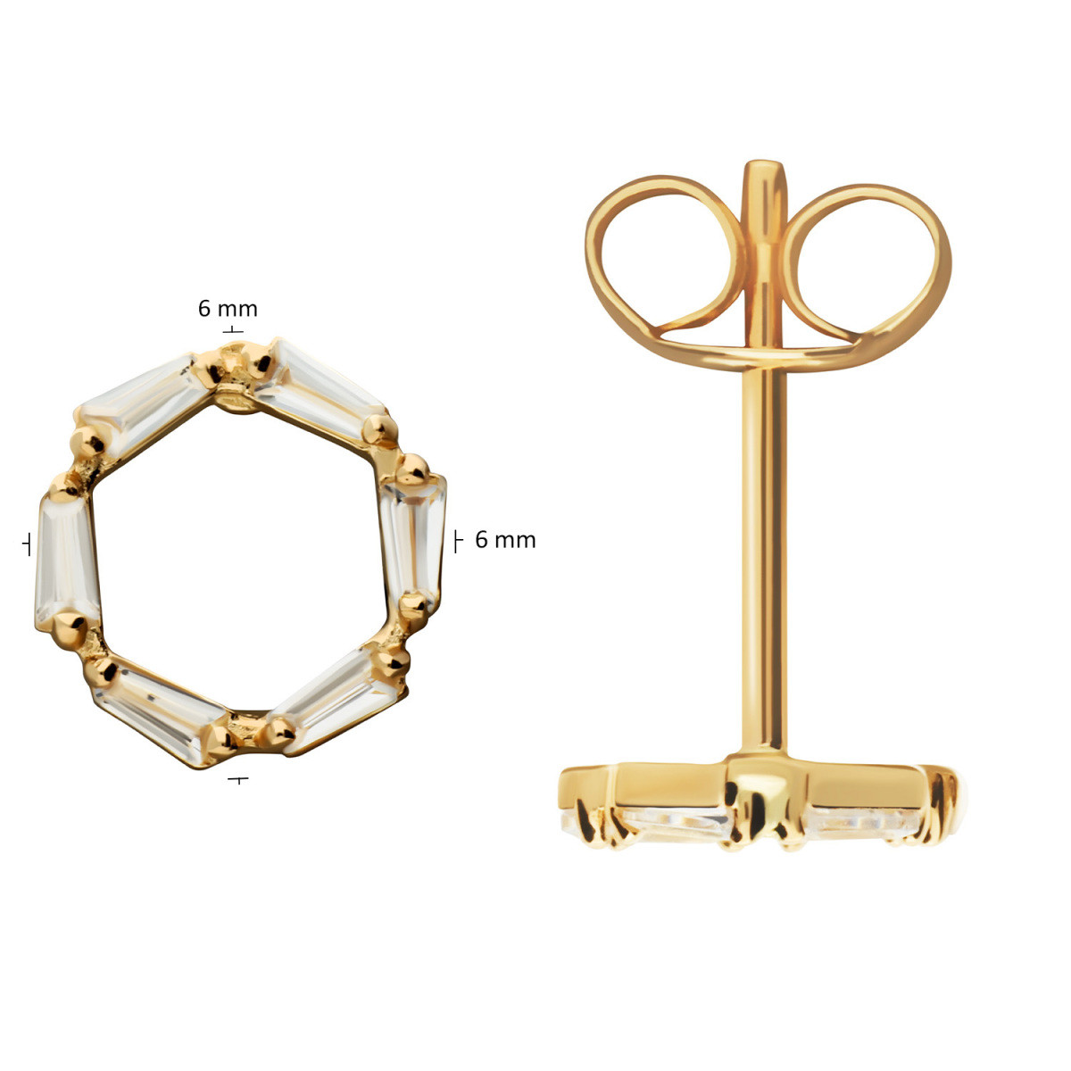 GLOW 206.1403.00 gouden oorstekers met zeshoekige vorm en transparante zirkonia's - Diameter 6 mm