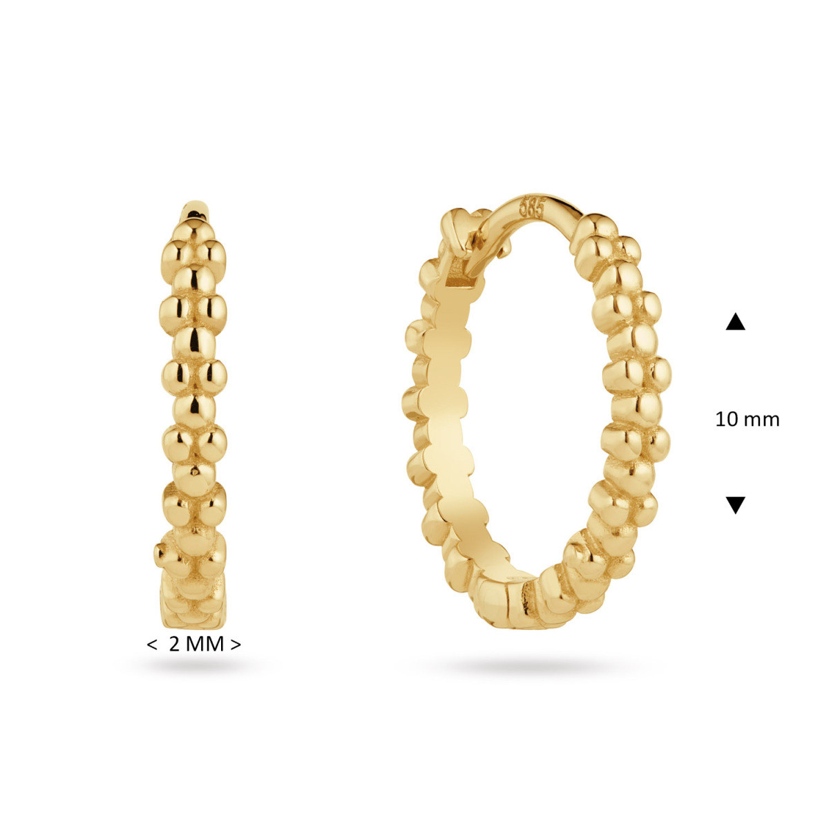 GLOW 207.0289.00 gouden klapoorringen met bolletjesrand 2 mm breed - Diameter 10 mm
