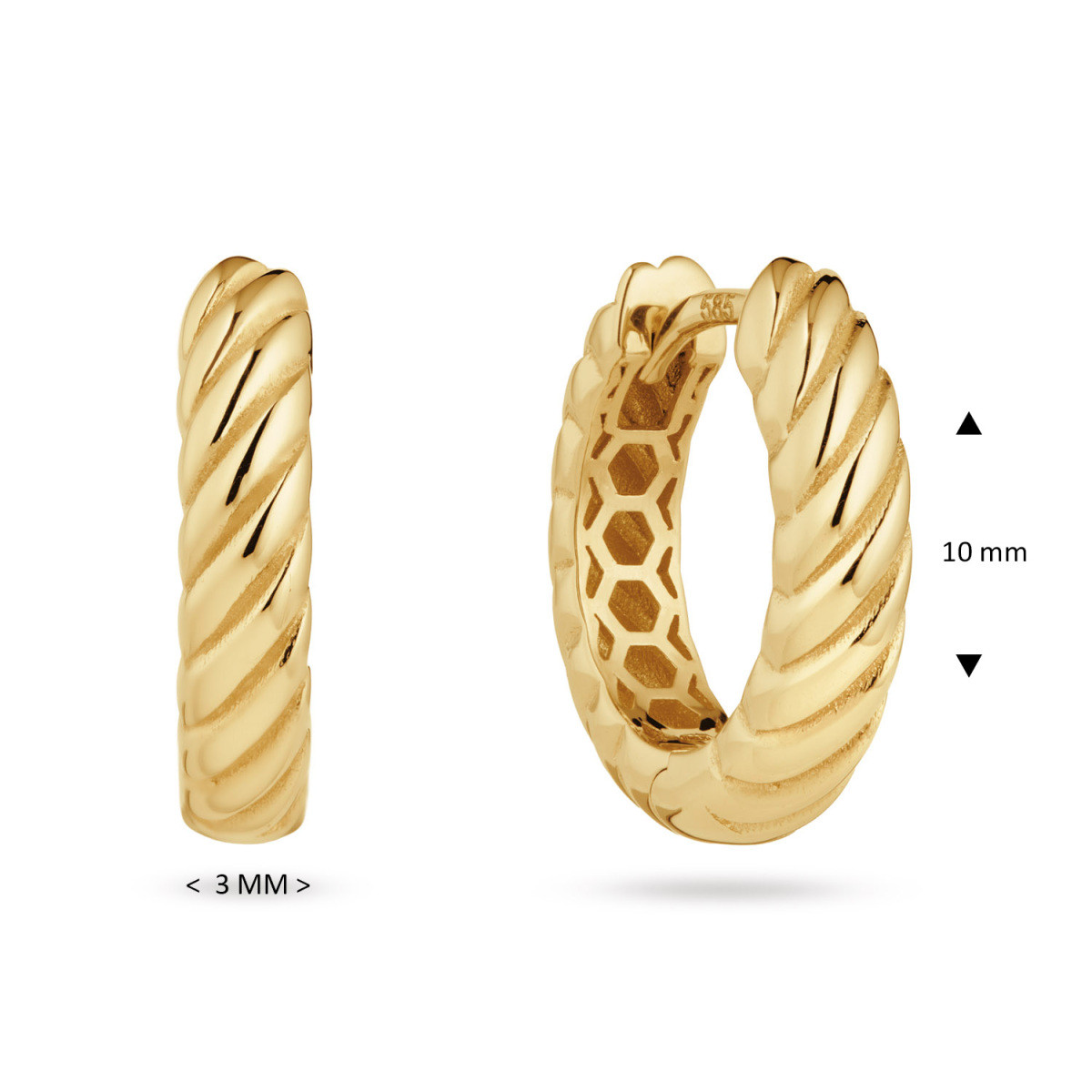 GLOW 207.0290.00 gouden ronde klapoorringen met gedraaide structuur 3 mm breed - Diameter 10 mm