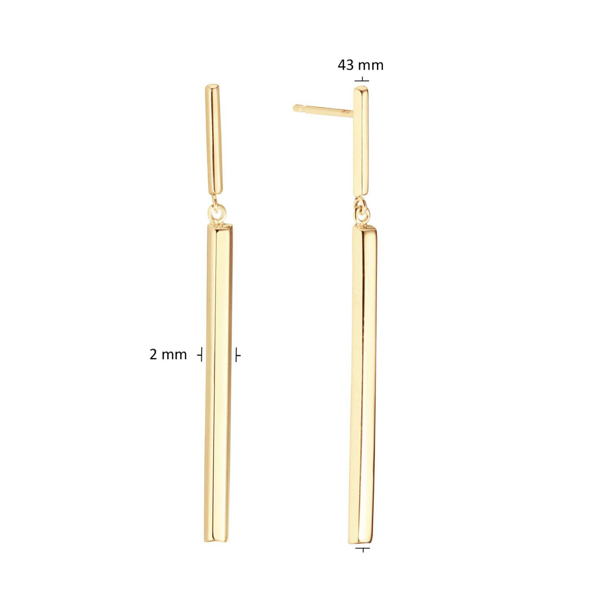 GLOW 208.0815.00 gouden oorhangers met staafvorm 2 mm breed - Hoogte 43 mm