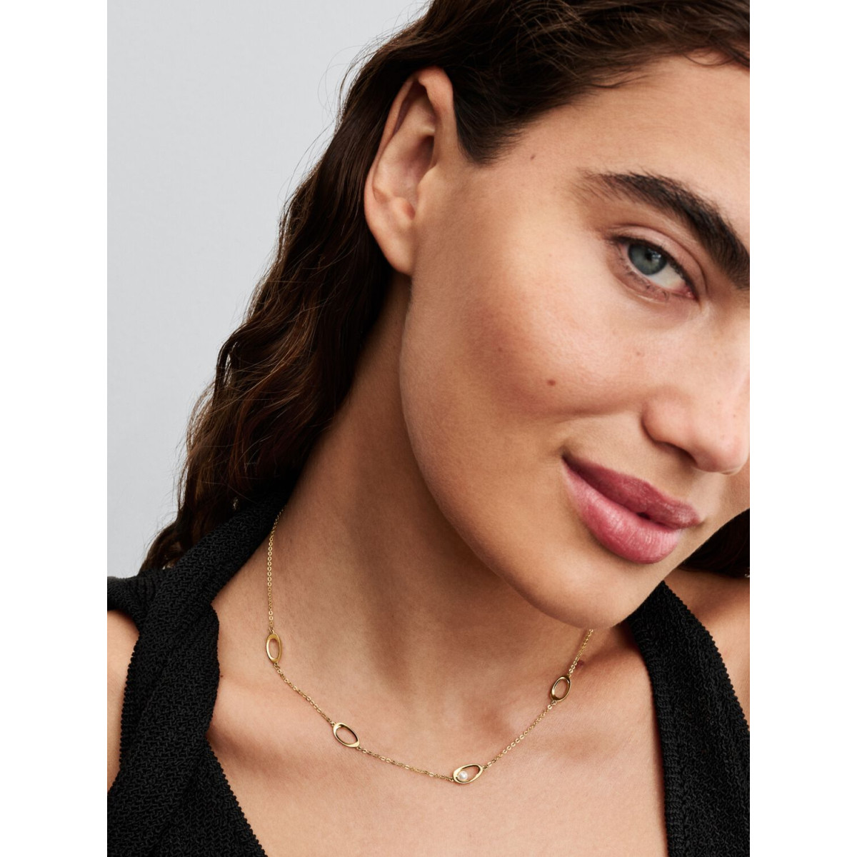 Pandora Essence 363883C01-45 gold plated ketting met parel en ovale schakels - Lengte 45 cm