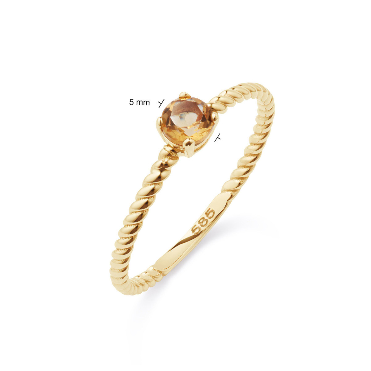 GLOW 214.0243 14k gouden solitair ring gedraaid met oranje citrien 5 mm breed