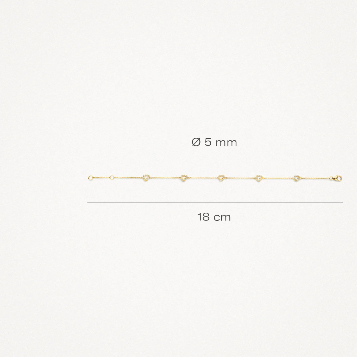 Blush 2211YZI gouden armband met hangers hartjes en zirkonia's 5 mm breed - Lengte 18 cm