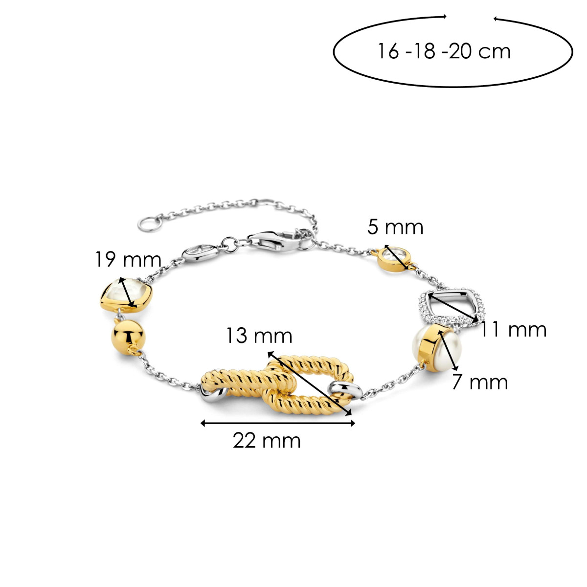 TI SENTO 23033ZY bicolor armband met diverse hangers - Lengte 16 cm, 18 cm, 20 cm