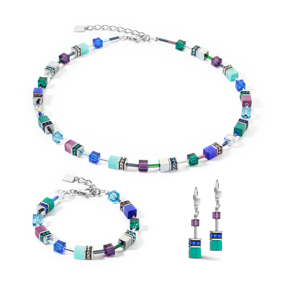 Coeur de Lion GeoCUBE ketting Iconic 2838/10-0608 zilverkleurig met turquoise en paars