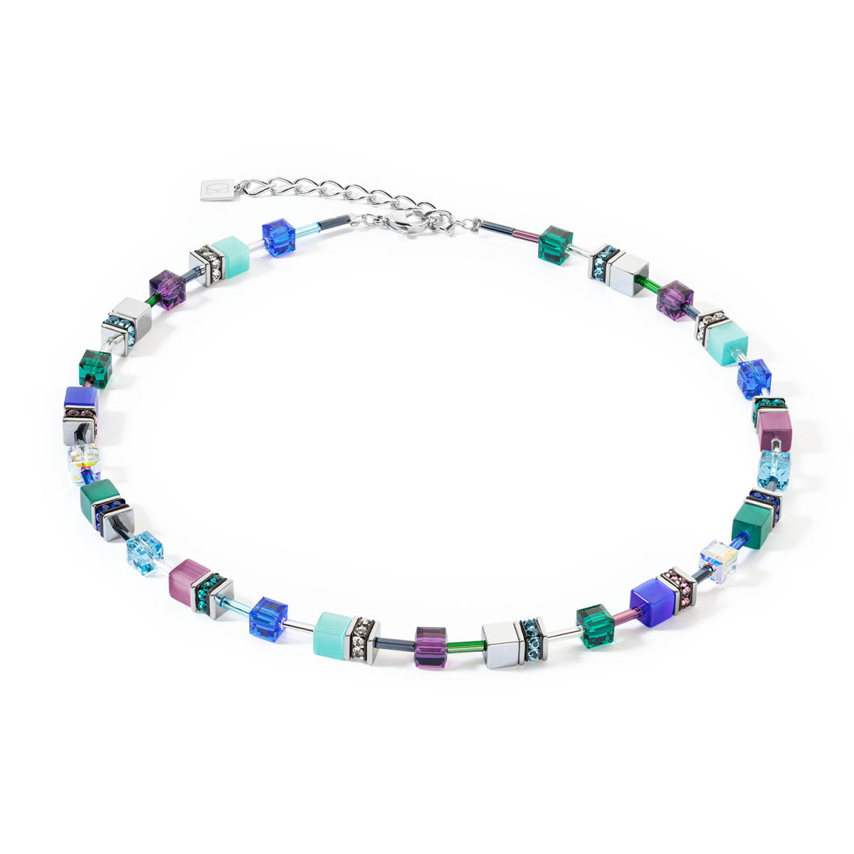 Coeur de Lion GeoCUBE ketting Iconic 2838/10-0608 zilverkleurig met turquoise en paars