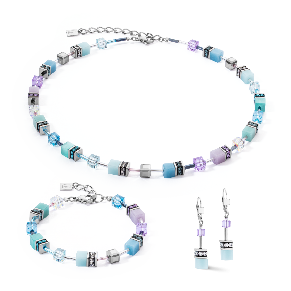 Coeur de Lion GeoCUBE ketting Iconic 2838/10-2026 zilverkleurig met lila en blauw - Lengte 42-48 cm
