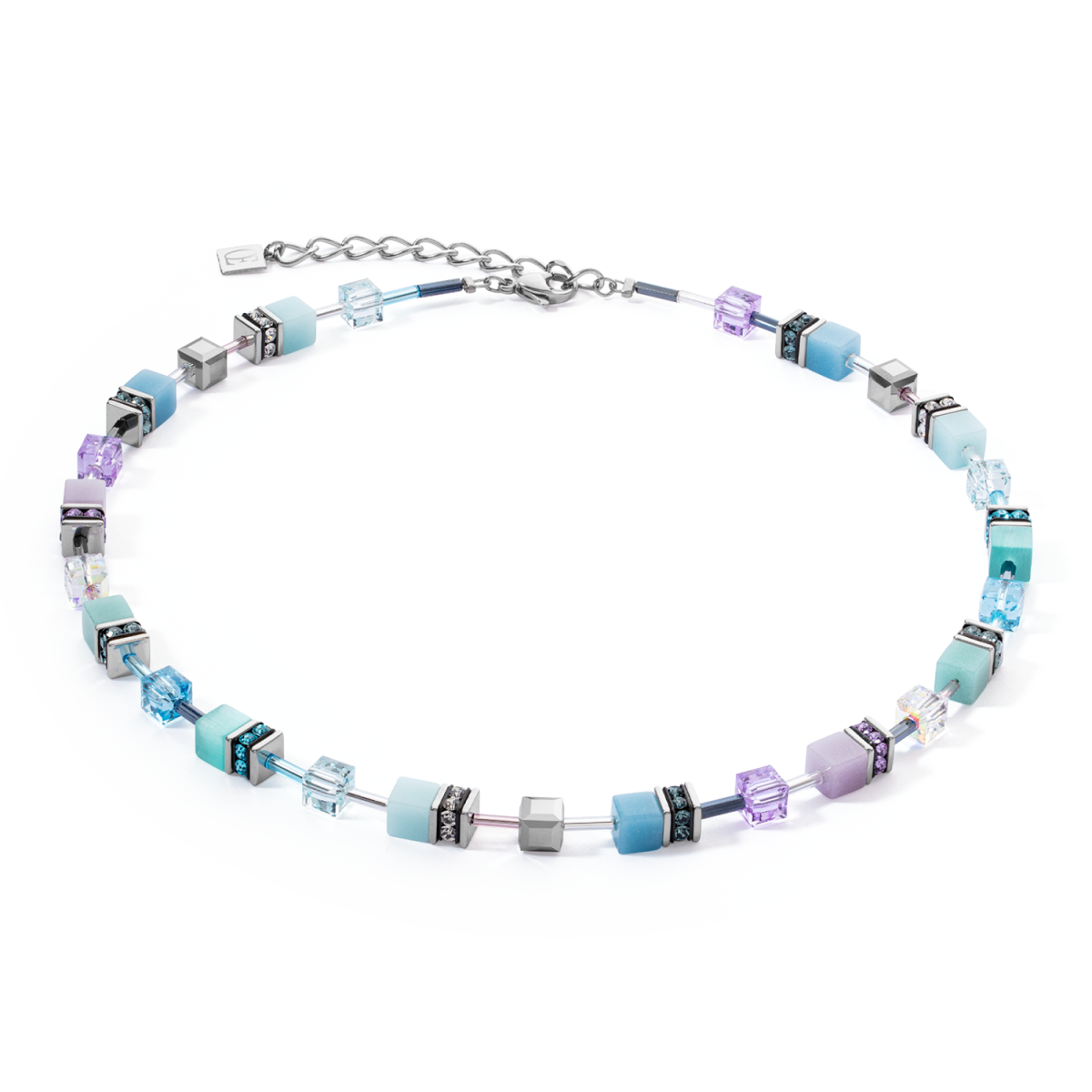 Coeur de Lion GeoCUBE ketting Iconic 2838/10-2026 zilverkleurig met lila en blauw - Lengte 42-48 cm