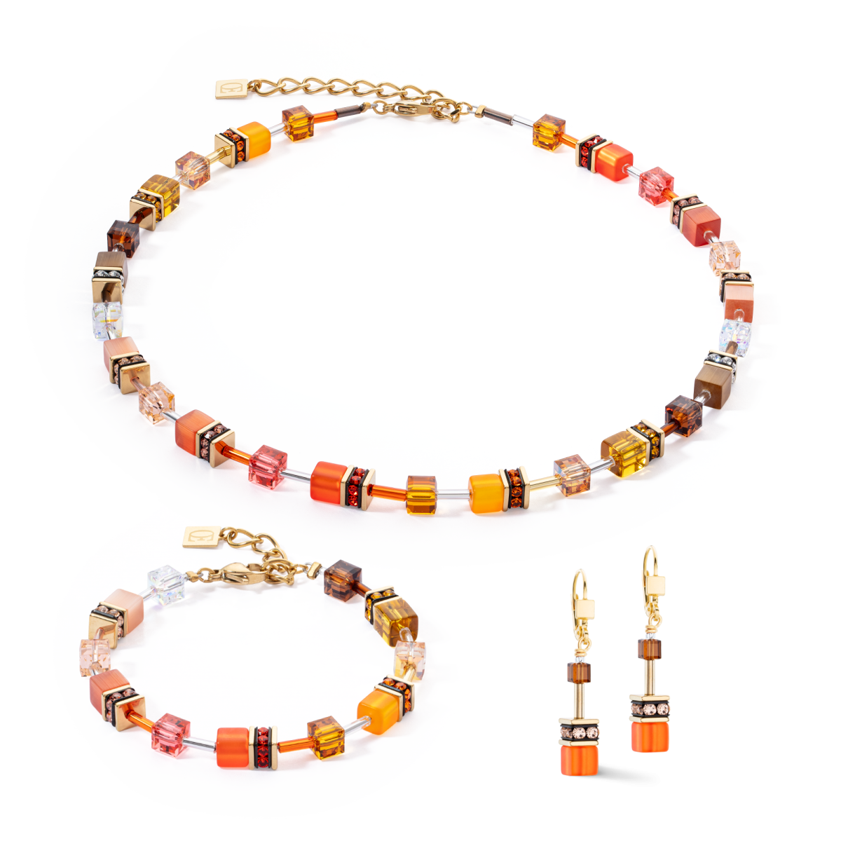 Coeur de Lion GeoCUBE oorhangers Iconic 2838/20-0211 goudkleurig met oranje en bruin