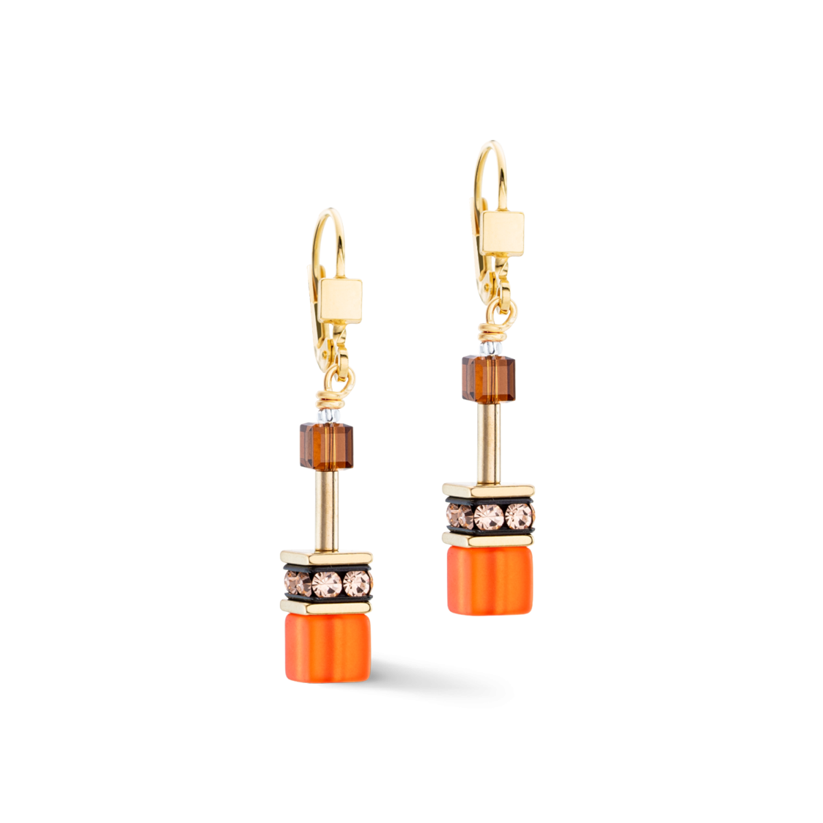 Coeur de Lion GeoCUBE oorhangers Iconic 2838/20-0211 goudkleurig met oranje en bruin