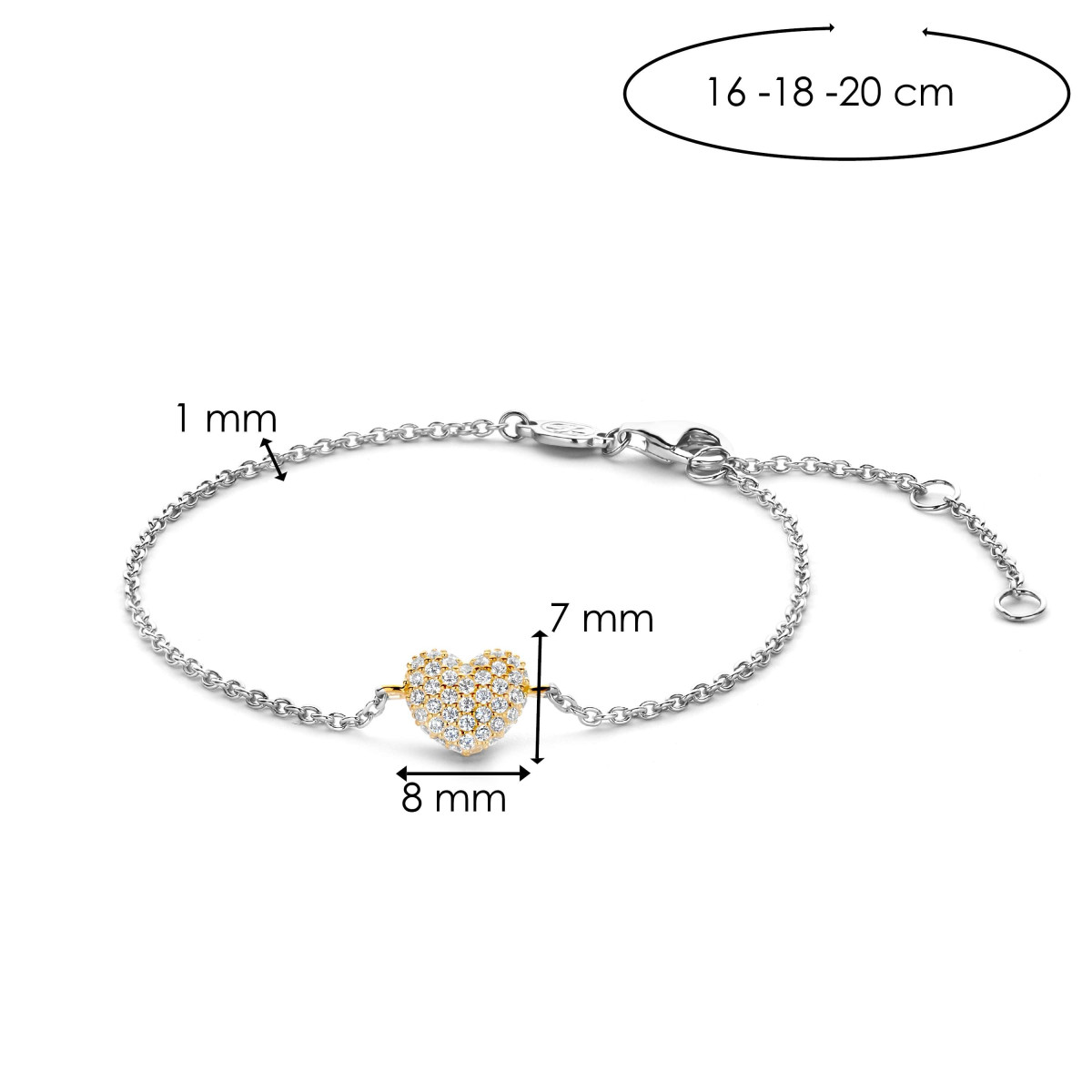 TI SENTO 2885ZY zilveren armband met gold plated hartje - Lengte 16 cm, 18 cm, 20 cm