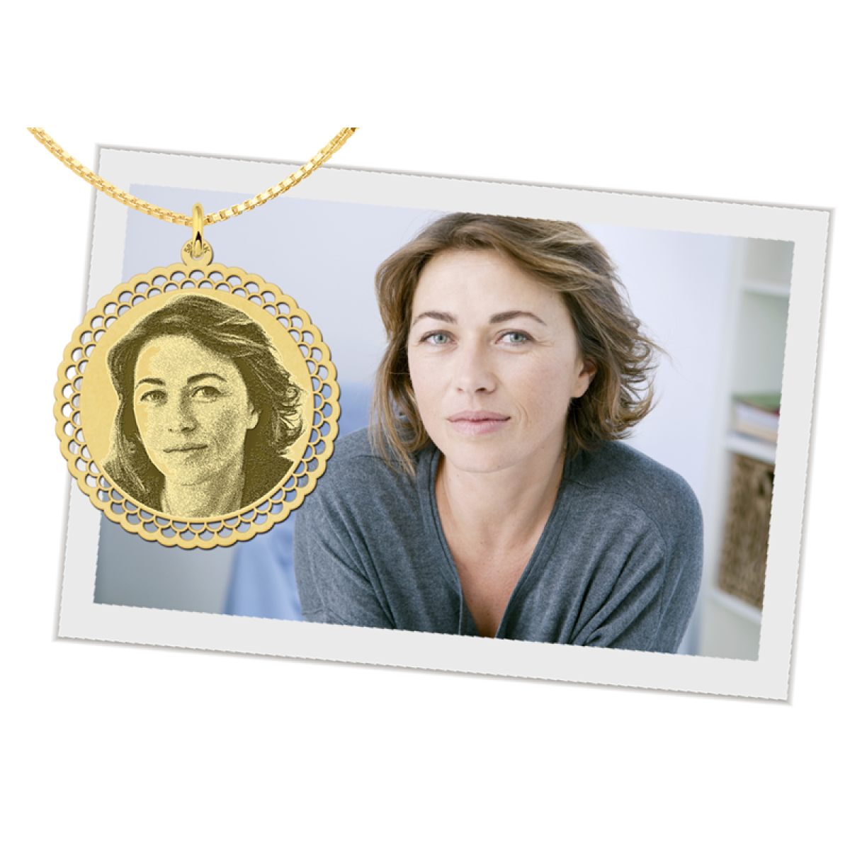 Ronde foto hanger goud met sierrand - 33 mm - Names4ever