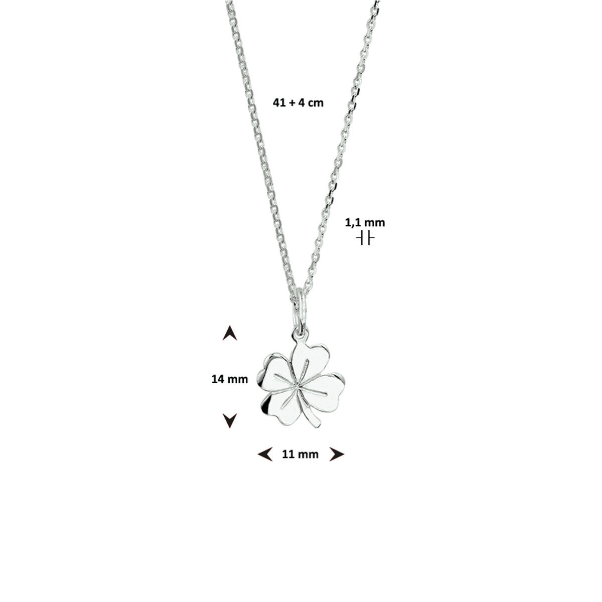 Zilveren ketting met klavertje vier 11 x 14 mm - Lengte 41-45 cm