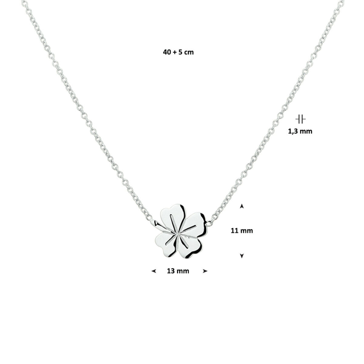 Zilveren ketting met schuin klavertje - Lengte 41-45 cm
