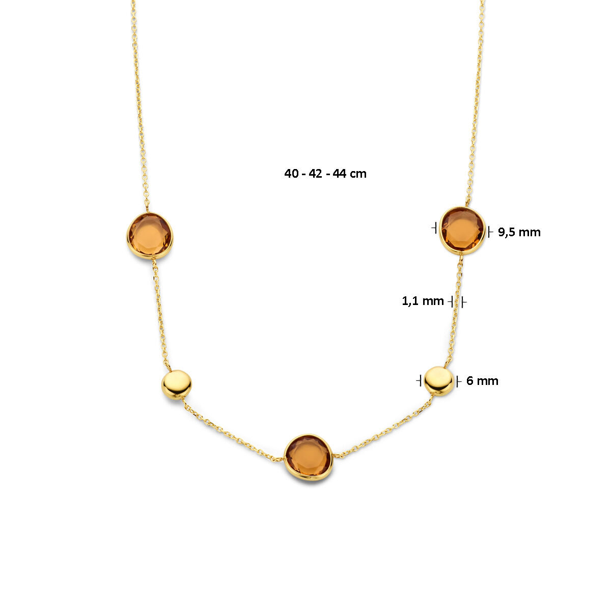Gouden edelsteen ketting met gouden rondjes en echte citrien - Lengte 40 - 44 cm