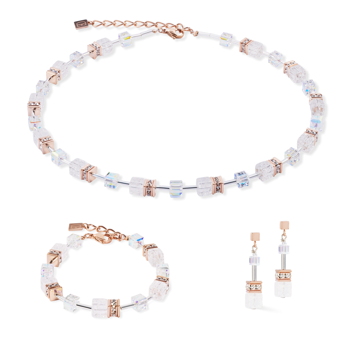 Coeur de Lion 3018/10-1425 roségoudkleurige ketting GeoCUBE Iconic Nature met witte stenen - Lengte 42-48 cm