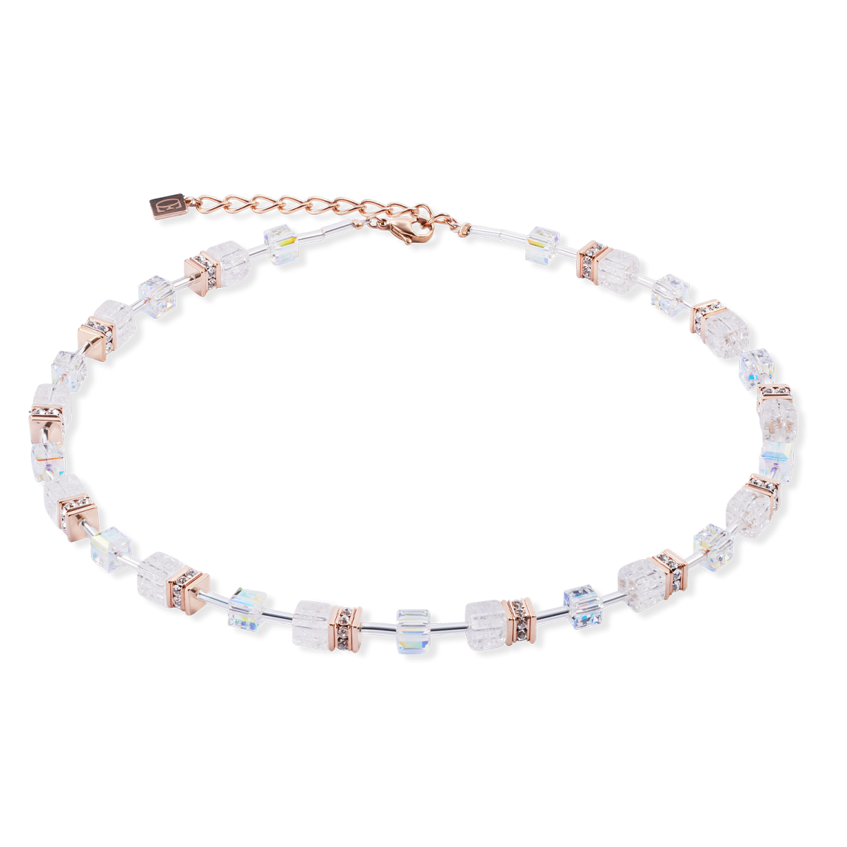 Coeur de Lion 3018/10-1425 roségoudkleurige ketting GeoCUBE Iconic Nature met witte stenen - Lengte 42-48 cm