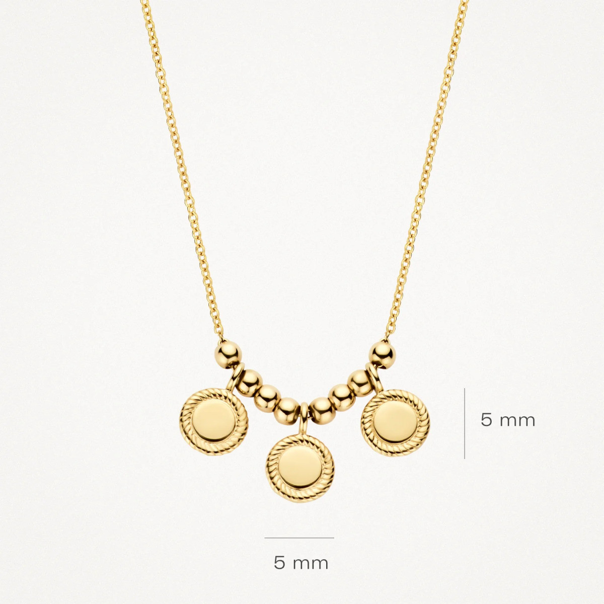 Blush 3171YGO gouden ketting met drie ronde hangers en gedraaide rand 5 mm - Lengte 42 cm