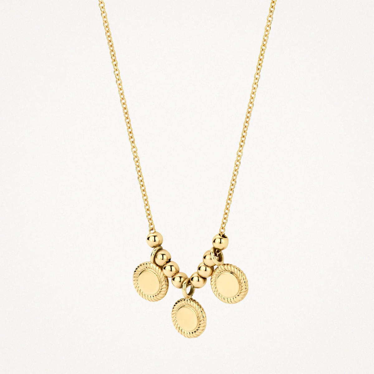 Blush 3171YGO gouden ketting met drie ronde hangers en gedraaide rand 5 mm - Lengte 42 cm