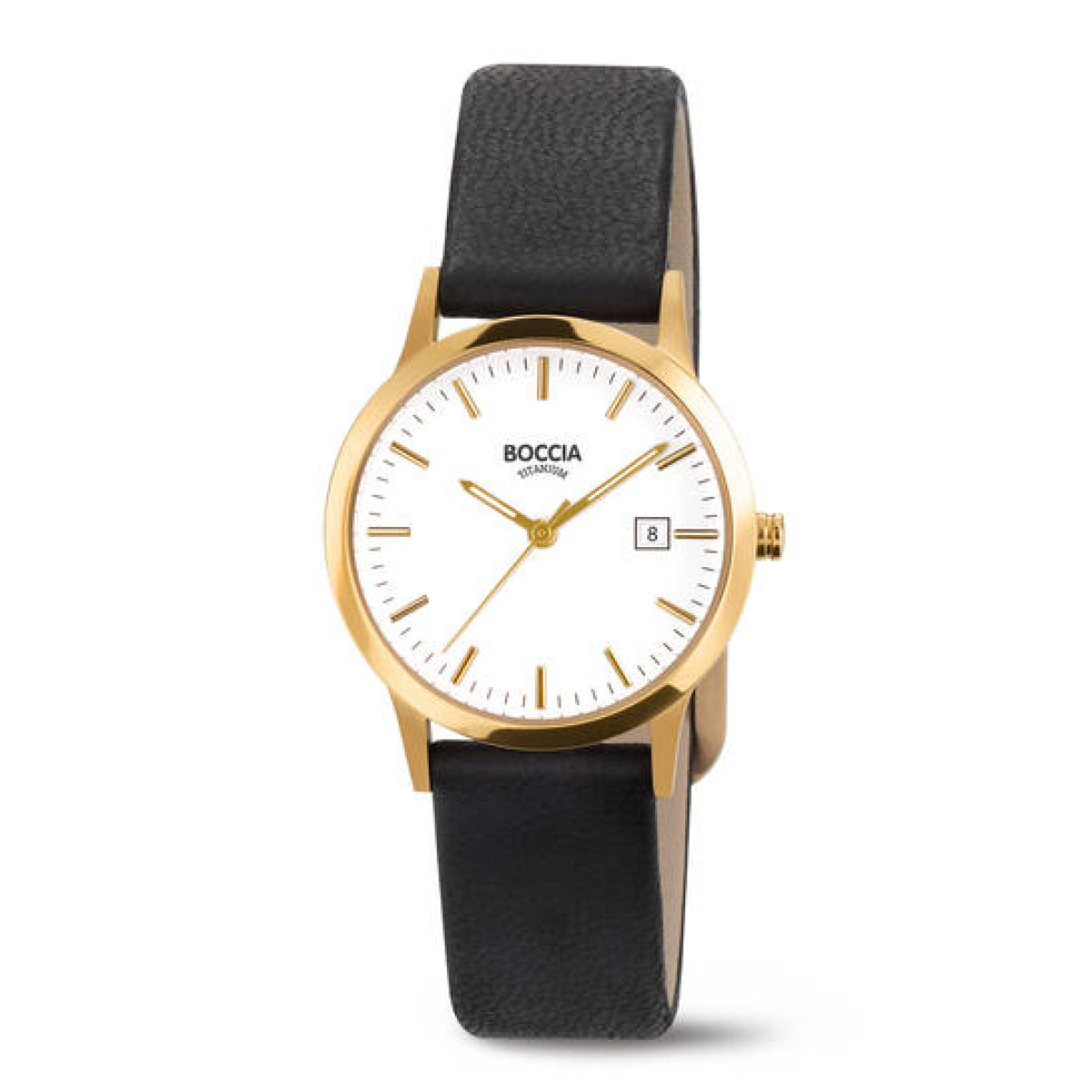 Boccia Titanium 3180-05 Dameshorloge Titanium goudkleurig met witte wijzerplaat en zwarte leren band - Ø 31 mm