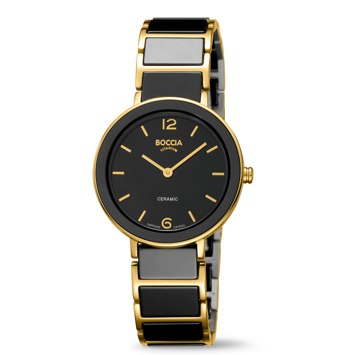 Boccia Titanium 3311-04 zwart horloge voor dames van keramiek met gold plated details - Ø 32 mm