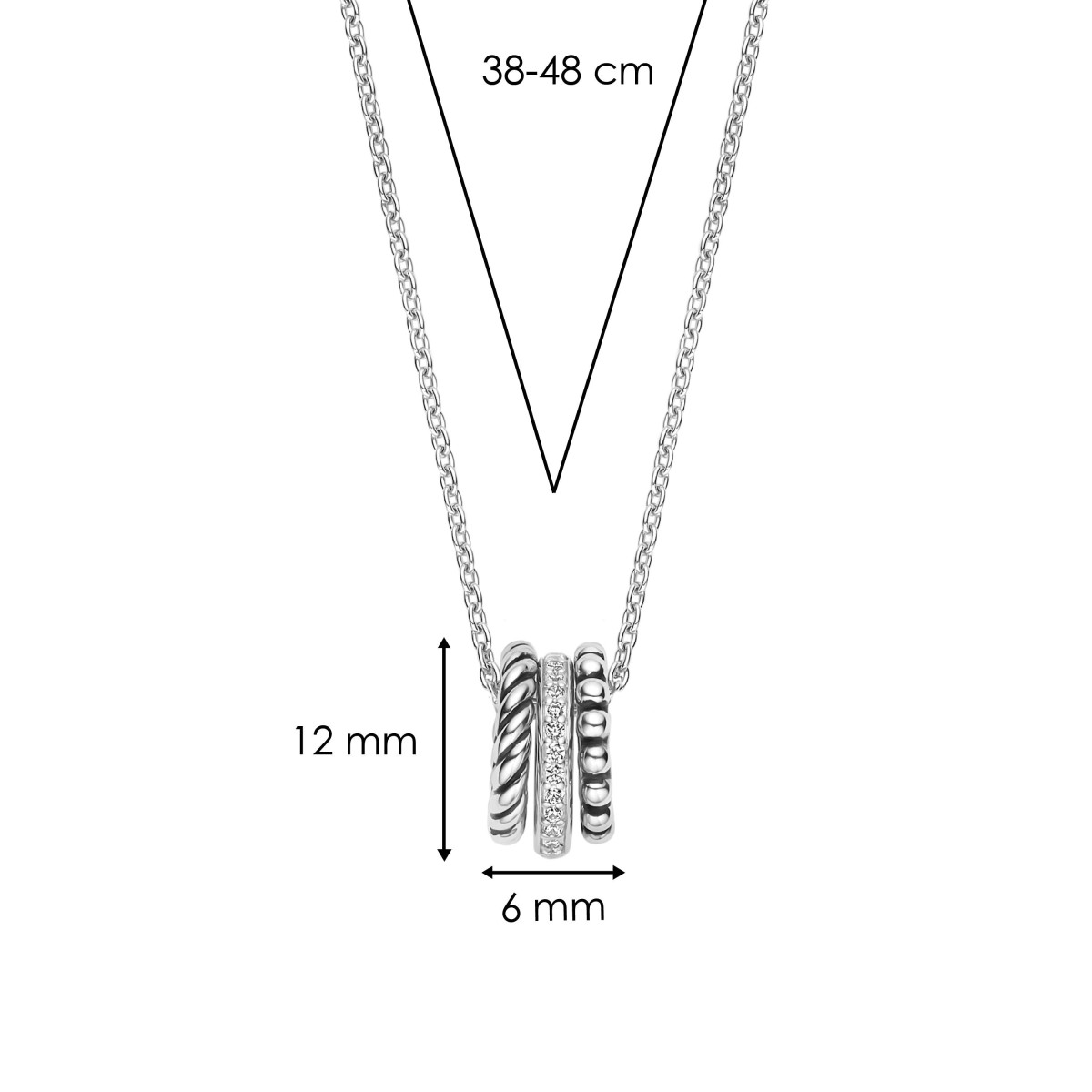 TI SENTO Milano 34058ZI/42 collier met drie zilveren hangers - Lengte 38, 40, 42, 45, 48 cm