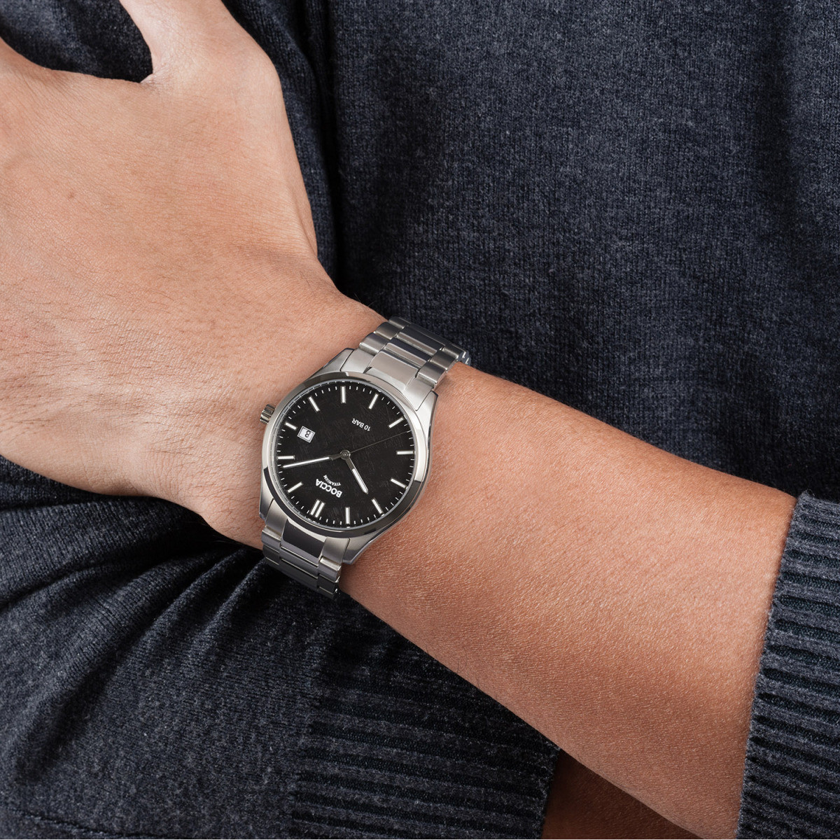 Boccia Titanium 3672-02 zilverkleurig titanium herenhorloge met zwarte wijzerplaat en datum - Ø 40 mm