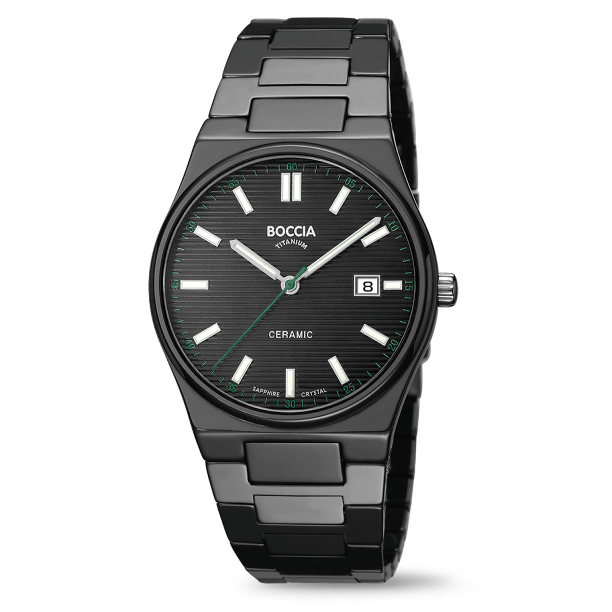 Boccia Titanium 3675-01 zwart keramieken horloge voor heren met datum en groen witte details - Ø 39 mm