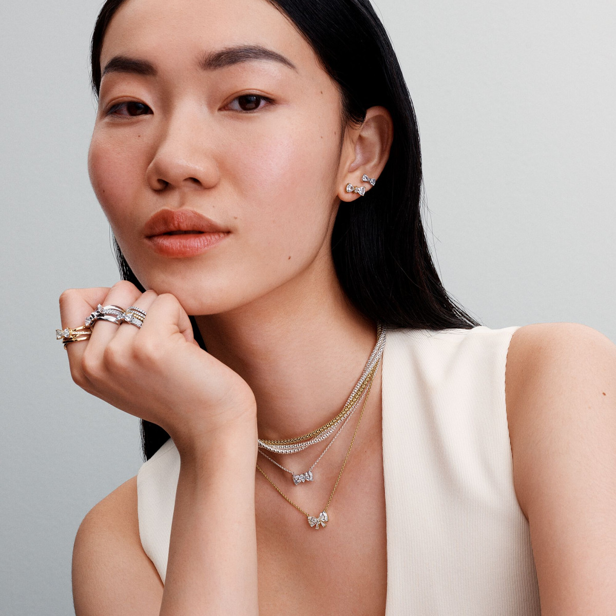 Pandora Timeless 363508C01-45 ketting met strikje van zirkonia en verguld zilver