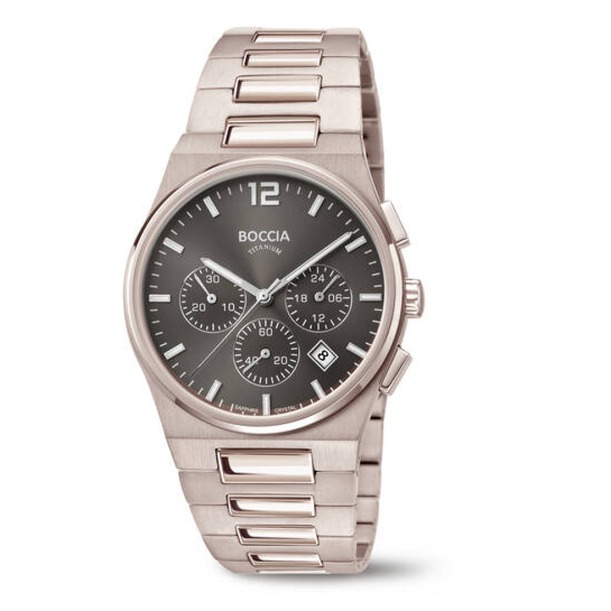 Boccia Titanium 3741-02 Chronograaf herenhorloge - Titanium schakelband - Grijze wijzerplaat - Ø 39 mm