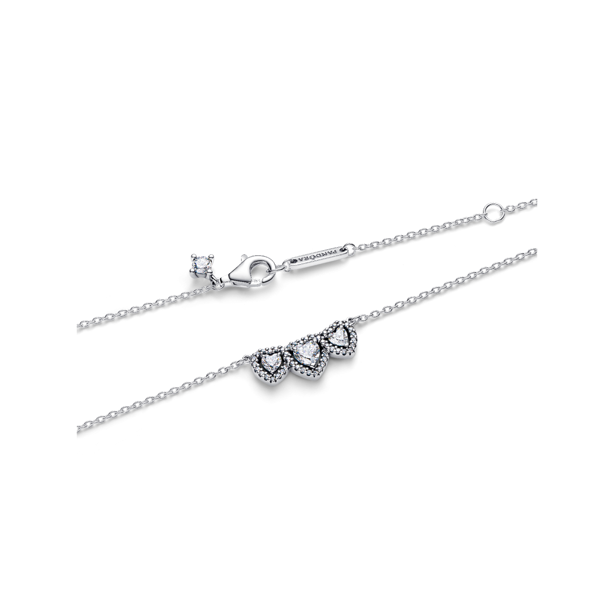 Pandora Timeless 394412C01-45 zilveren ketting met 3 hartjes en zirkonia's - Lengte 45 cm