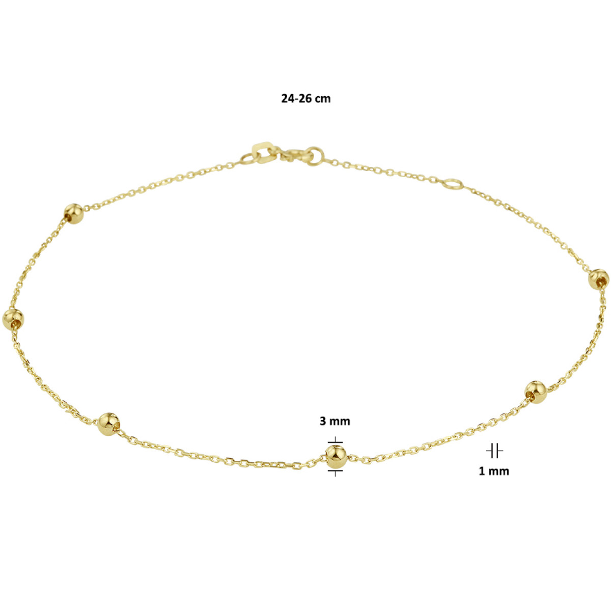 14 Karaat gouden enkelbandje anker schakel met bolletjes 1.0 mm