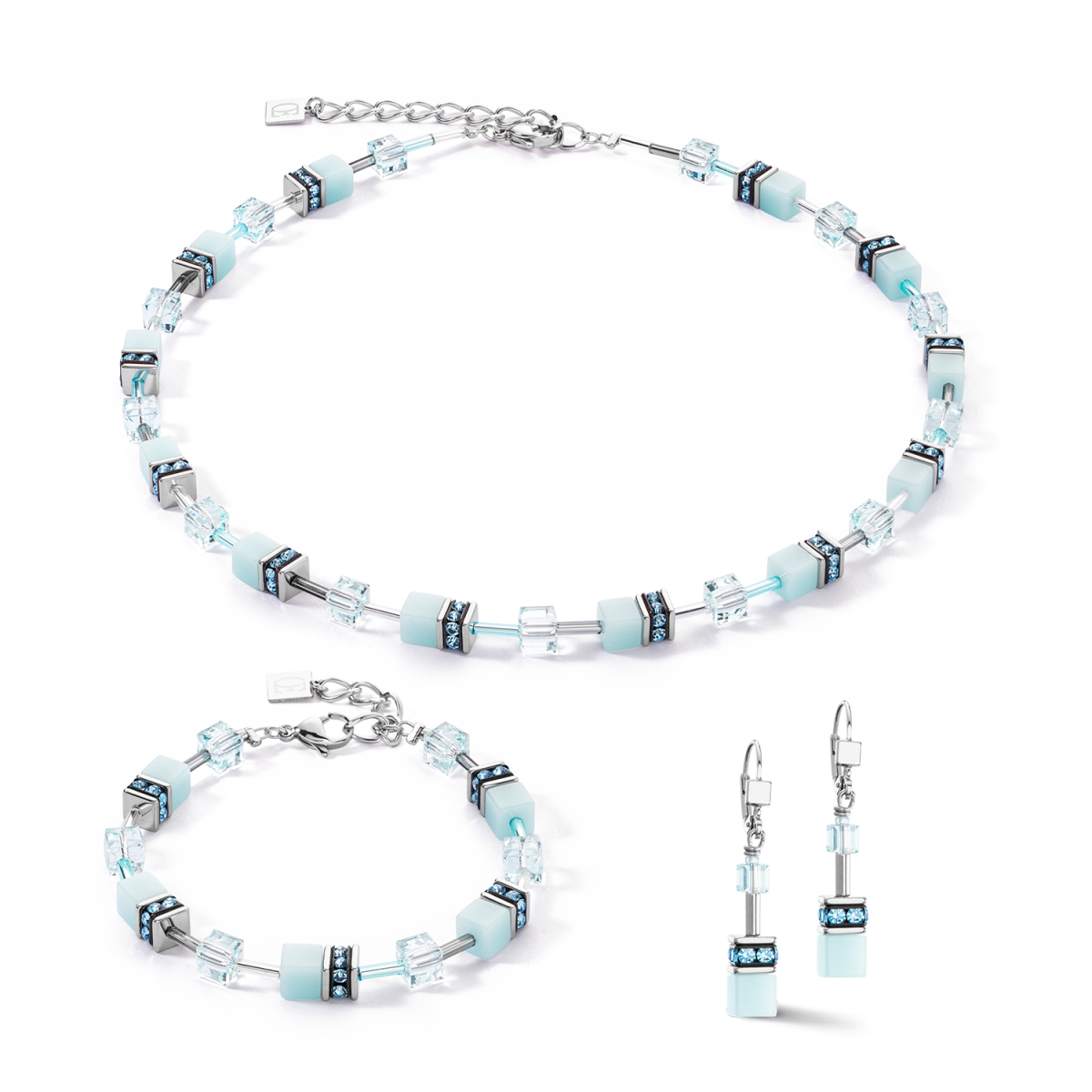 Coeur de Lion GeoCUBE ketting Iconic Mono 4020/10-2020 zilverkleurig met ijsblauw - Lengte 42 - 48 cm