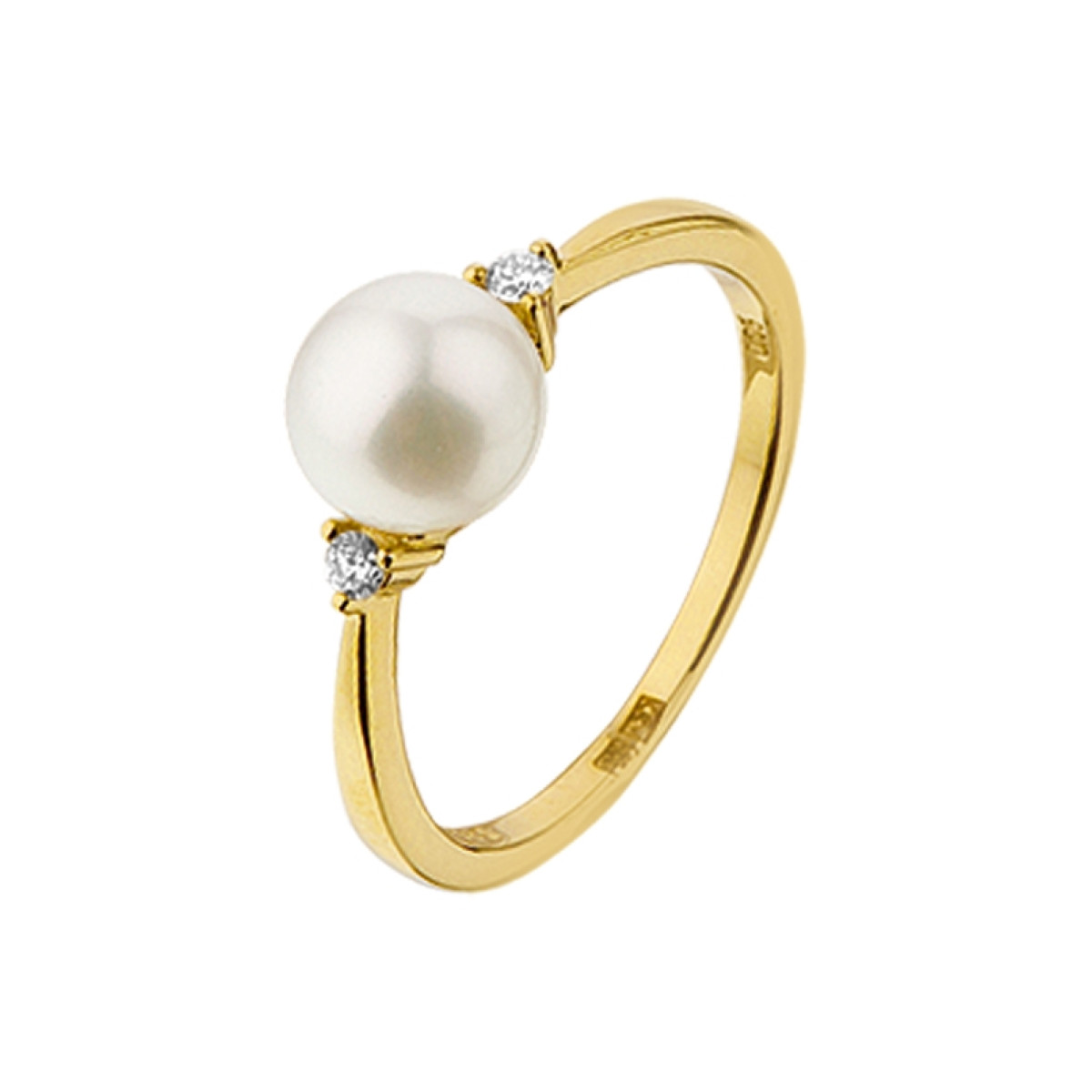 Smalle geelgouden parelring met diamanten