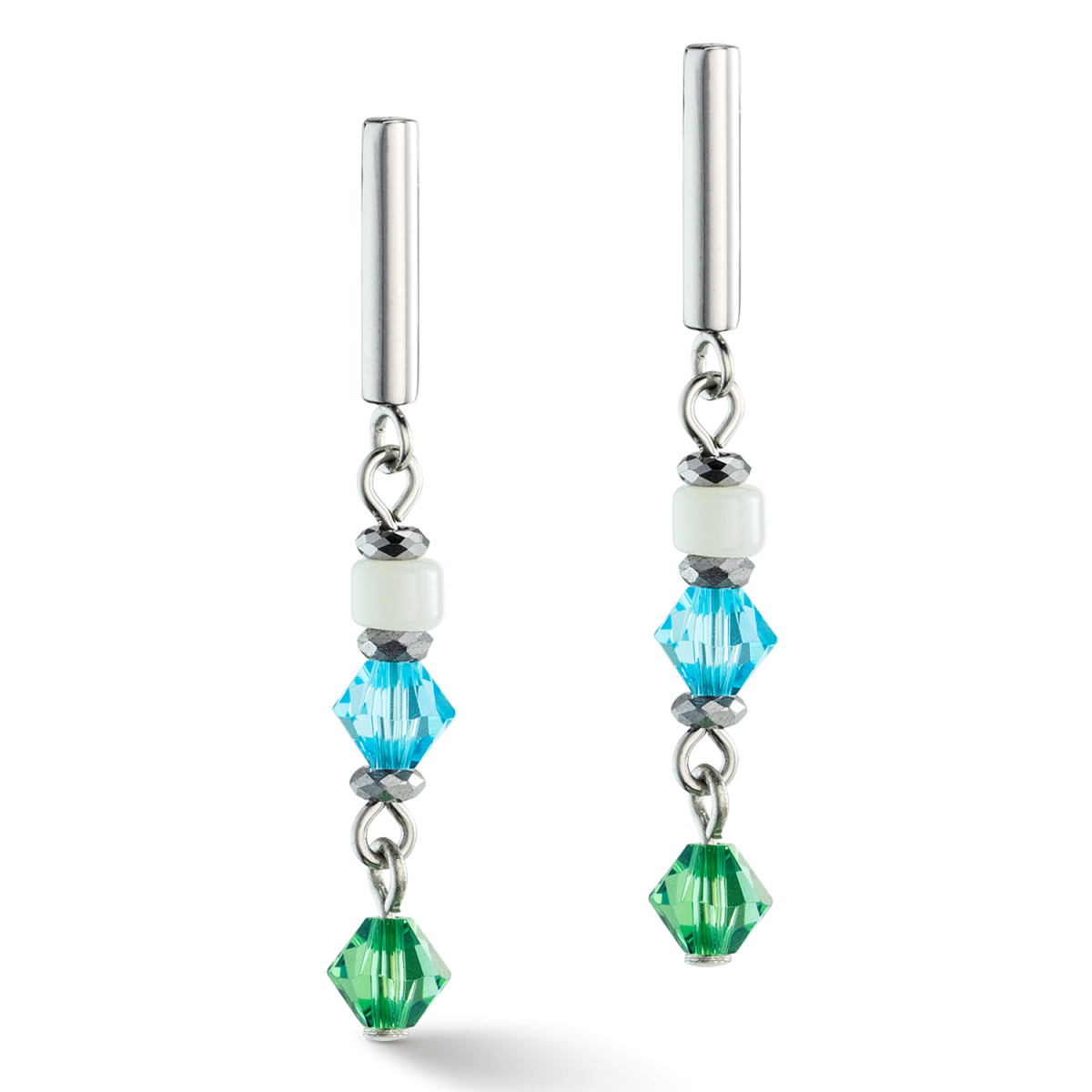Coeur de Lion oorhangers Princess Shape Mix 4239/21-0522 zilverkleurig met groen en blauw