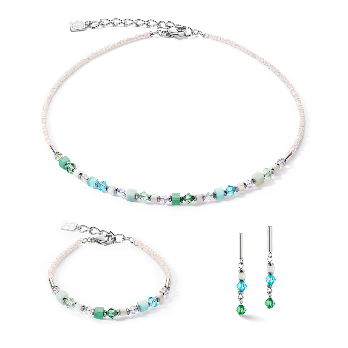Coeur de Lion oorhangers Princess Shape Mix 4239/21-0522 zilverkleurig met groen en blauw